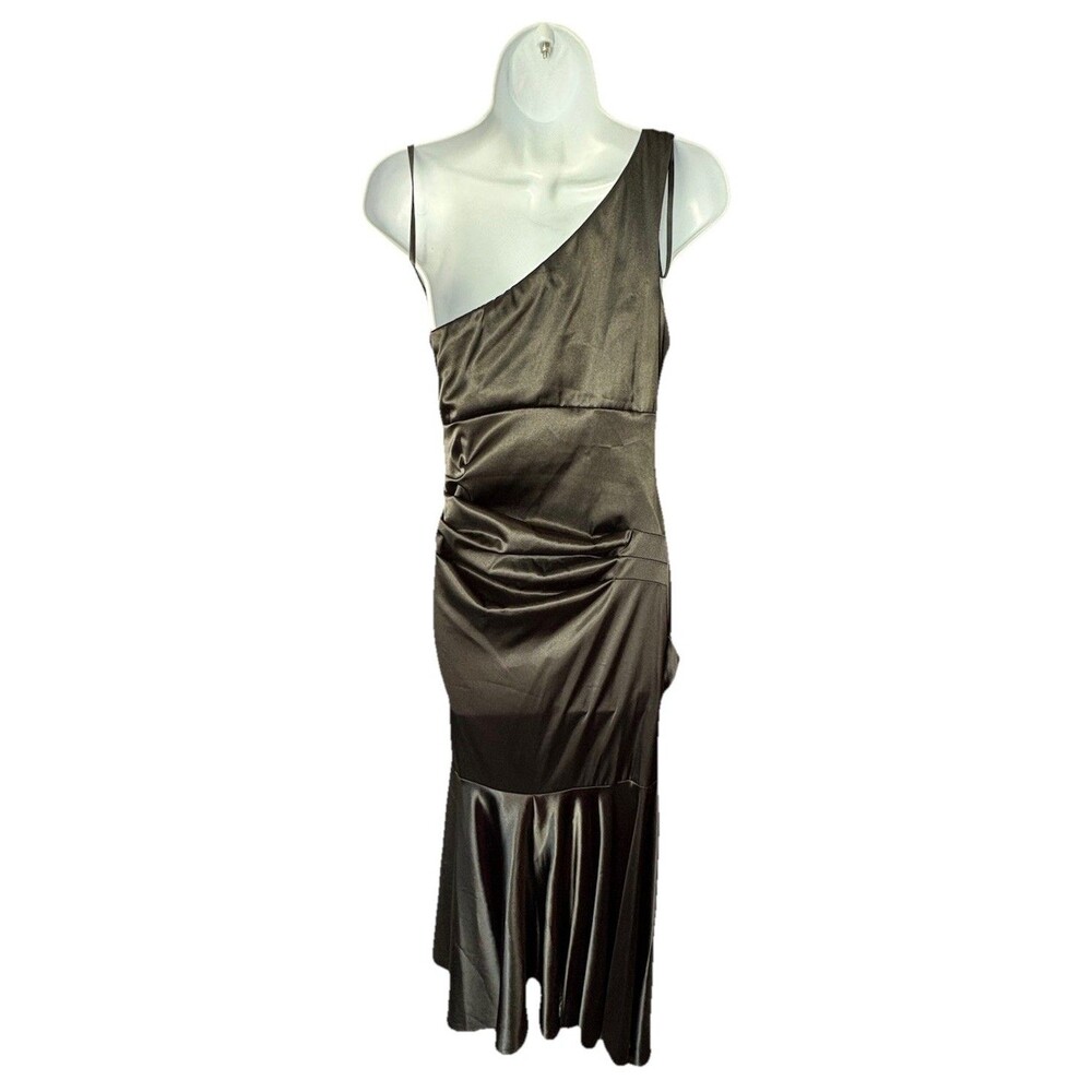 Betsy & Adam Black Satin One Shoulder Evening Gown Dress Size 8 Ruched Mermaid - Picture 4 of 6